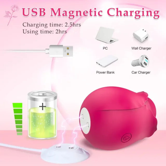 10-Speed Red Rechargeable Silicone Rose Clitoral Vibrator with Tapping Function