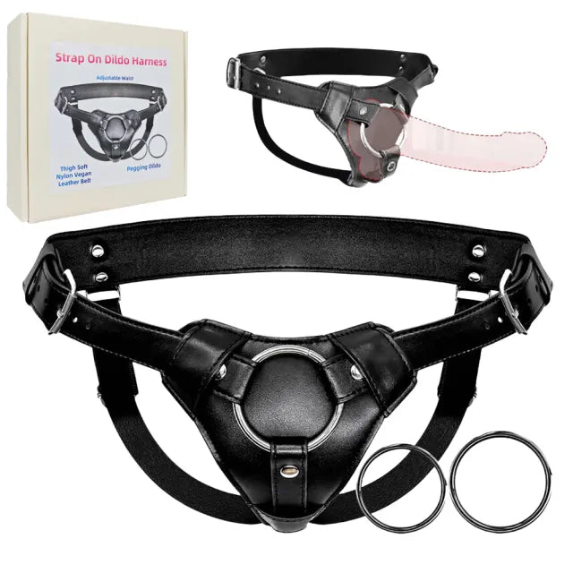 Adjustable Black Strap-On Harness with 2-Size Metal O-Rings