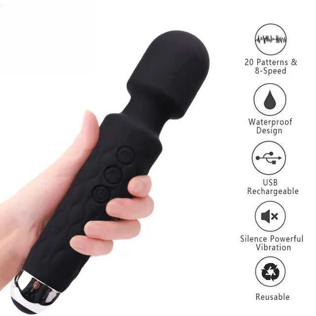 20-Speed Black Rechargeable Silicone Magic Wand Vibrator