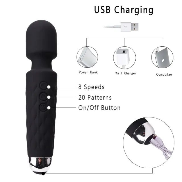 20-Speed Black Rechargeable Silicone Magic Wand Vibrator