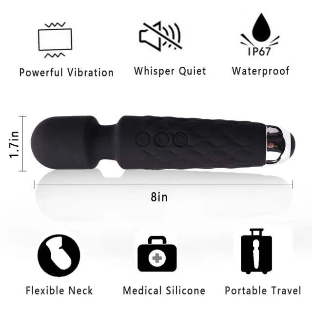 20-Speed Black Rechargeable Silicone Magic Wand Vibrator