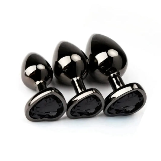 3 Sizes Metal Anal Plug Set with Black Heart-Shaped Buttom