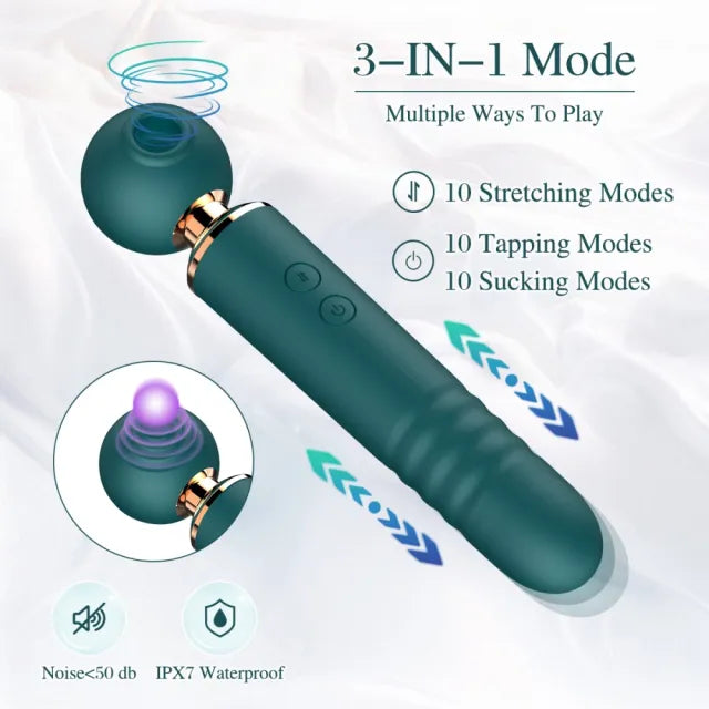 10-Speed 3-in-1 Sucking & Thrusting Wand Massager – Rechargeable & Waterproof