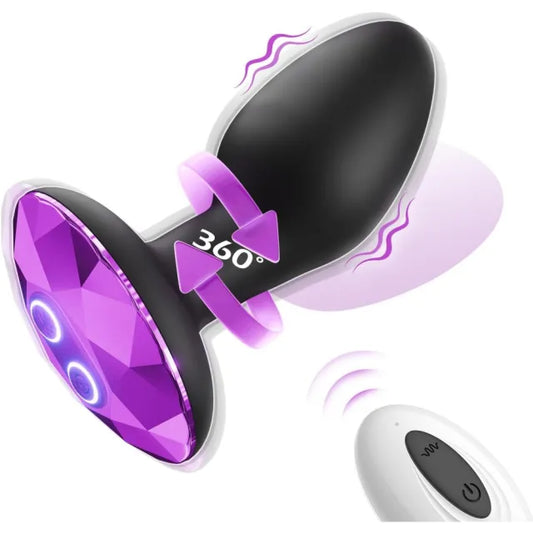 10-Speed Black Silicone Vibrating & Rotating Butt Plug with Remote Control and Purple Crystal Base