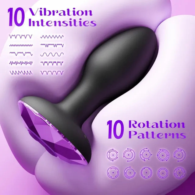 10-Speed Black Silicone Vibrating & Rotating Butt Plug with Remote Control and Purple Crystal Base