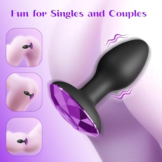 10-Speed Black Silicone Vibrating & Rotating Butt Plug with Remote Control and Purple Crystal Base