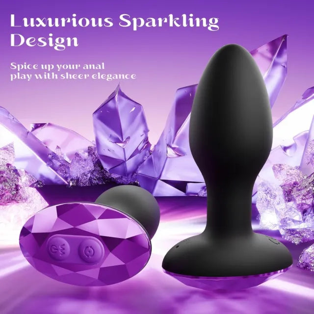 10-Speed Black Silicone Vibrating & Rotating Butt Plug with Remote Control and Purple Crystal Base