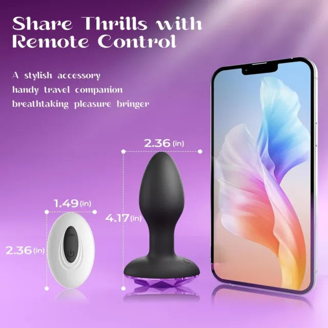 10-Speed Black Silicone Vibrating & Rotating Butt Plug with Remote Control and Purple Crystal Base
