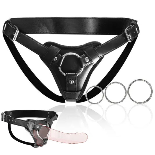 Adjustable Black Strap-On Harness with 2-Size Metal O-Rings