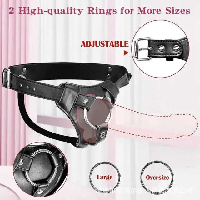 Adjustable Black Strap-On Harness with 2-Size Metal O-Rings