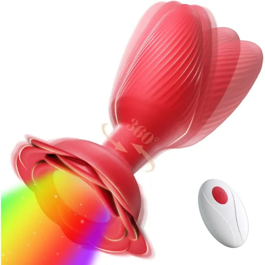 Rechargeable Rotating, Vibrating Anal Plug with Remote Control, Light-Up & Rose-Shaped Base