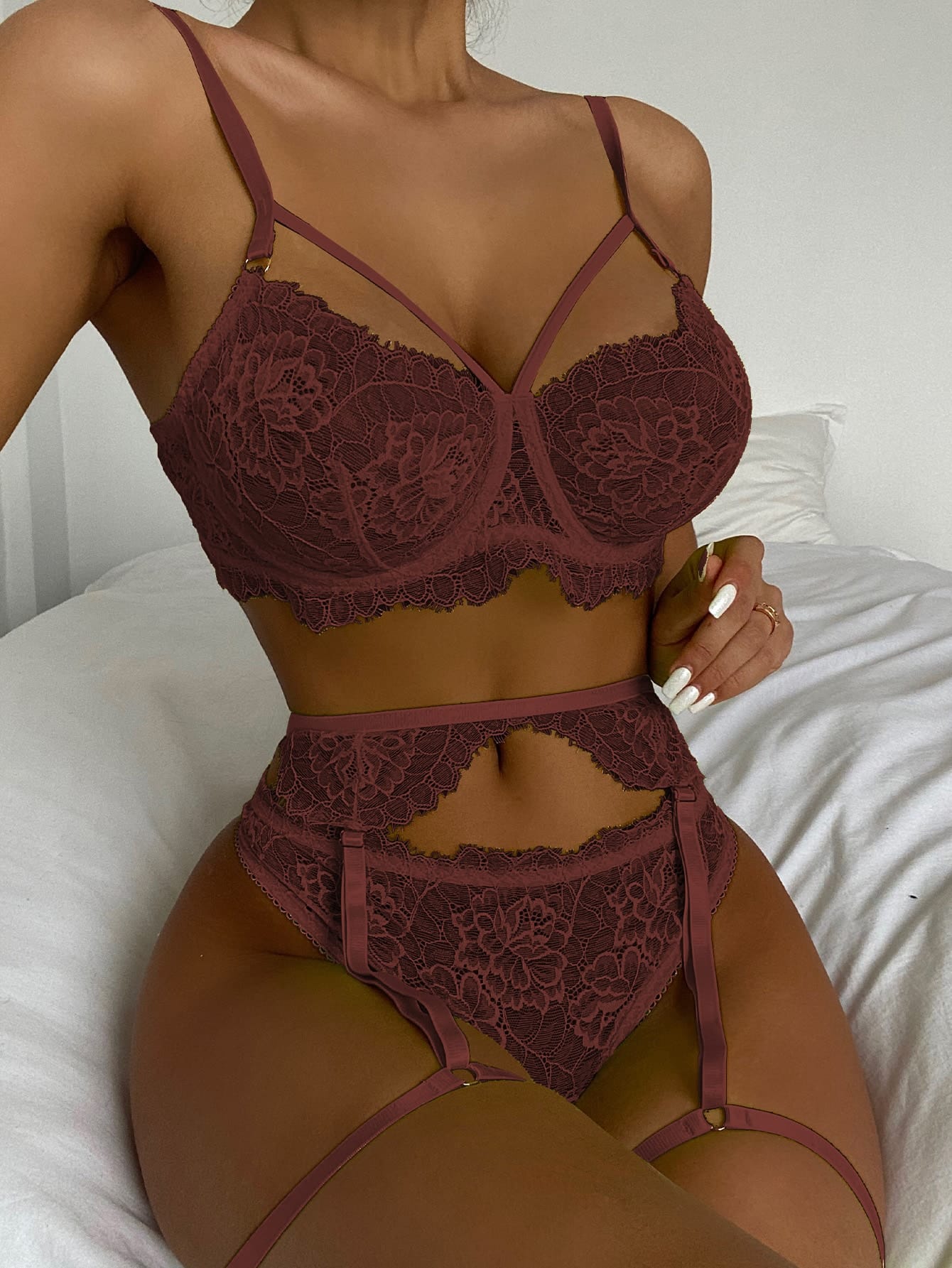 Burgundy Floral Lace Underwire Garter Set