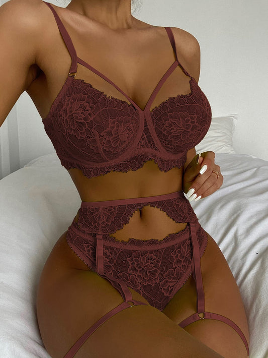 Burgundy Floral Lace Underwire Garter Set