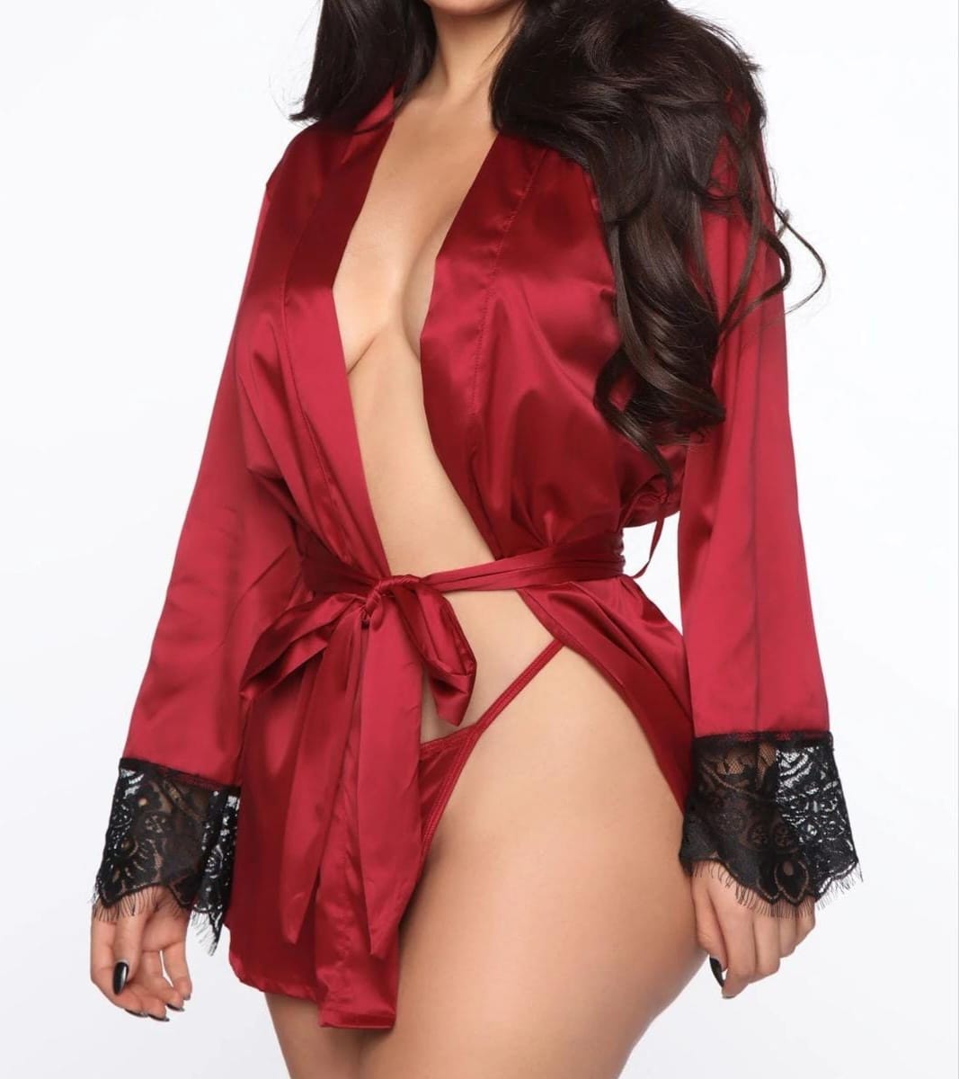 Lace Satin Robe with Thong- Red/Black