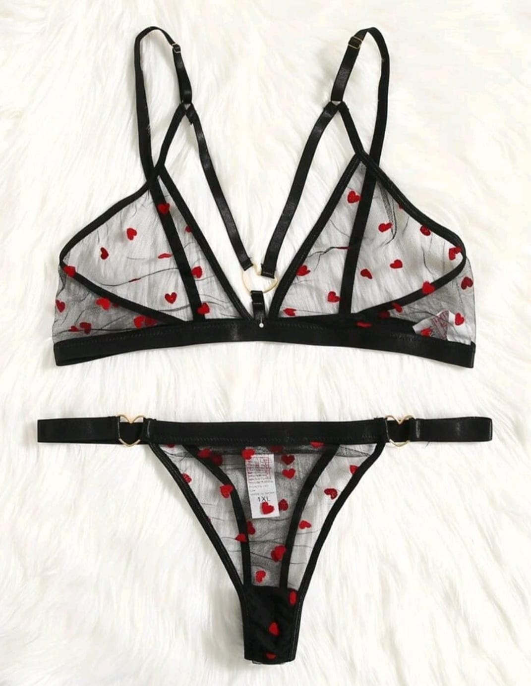 Plus Heart Pattern Sheer Mesh Lingerie Set